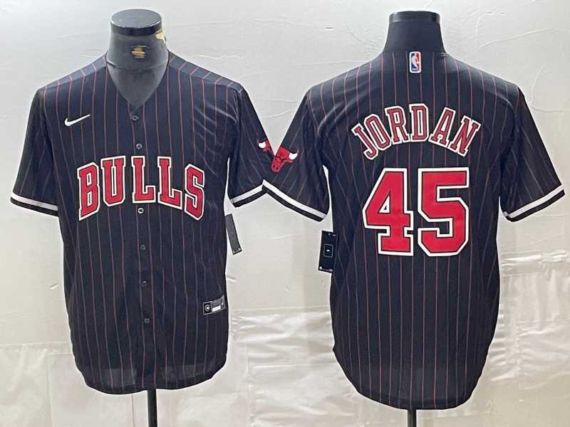 Mens Chicago Bulls #45 Michael Jordan Black Pinstripe Cool Base Stitched Baseball Jerseys